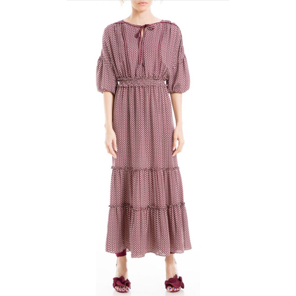 NWT Max Studio Geometric Print Tie Neck Crepe Cottagecore Boho Tier Maxi Dress S
